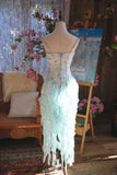 Ndyad Light Blue Spaghetti Straps Sheath Printed Chiffon Prom Dress Sweet Evening Gowns with Ruffles HZ1024