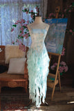 Ndyad Light Blue Spaghetti Straps Sheath Printed Chiffon Prom Dress Sweet Evening Gowns with Ruffles HZ1024