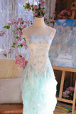 Ndyad Light Blue Spaghetti Straps Sheath Printed Chiffon Prom Dress Sweet Evening Gowns with Ruffles HZ1024