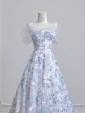 Ndyad White Off-the-shoulder A-Line Tulle Long Prom Dresses Elegant Wedding Dress with Appliques HZ1024