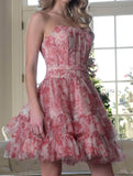 Ndyad Blue Strapless A-Line Printed Tulle Short Prom Dresses Homecoming Dress HZ1024