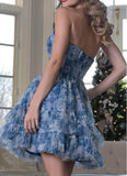 Ndyad Blue Strapless A-Line Printed Tulle Short Prom Dresses Homecoming Dress HZ1024