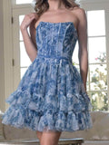 Ndyad Blue Strapless A-Line Printed Tulle Short Prom Dresses Homecoming Dress HZ1024