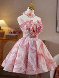 Ndyad Pink Strapless A-Line Sequined Tulle Short Prom Dresses Homecoming Dress HZ1024