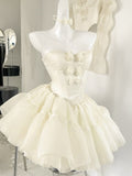 Ndyad Off-White Strapless A-Line Tulle Short Prom Dresses Homecoming Dress HZ1024