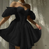 Ndyad White Off Shoulder A-Line Tulle Short Prom Dresses Homecoming Dress HZ1024