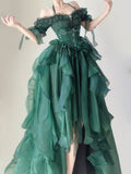 Ndyad Forest Green Halter Neck A-Line Tulle Hi-Lo Long Prom Dresses Formal Evening Gowns HZ1024
