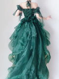 Ndyad Forest Green Halter Neck A-Line Tulle Hi-Lo Long Prom Dresses Formal Evening Gowns HZ1024