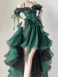 Ndyad Forest Green Halter Neck A-Line Tulle Hi-Lo Long Prom Dresses Formal Evening Gowns HZ1024