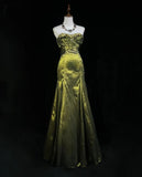 Ndyad Green Strapless Mermaid Beaded Satin Long Prom Dresses Formal Evening Gowns HZ1024
