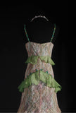 Ndyad Green Spaghetti Straps Mermaid Beaded Tulle Long Prom Dresses Vintage Lace Evening Gowns HZ1024