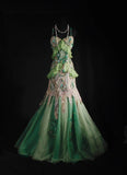 Ndyad Green Spaghetti Straps Mermaid Beaded Tulle Long Prom Dresses Vintage Lace Evening Gowns HZ1024