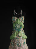 Ndyad Green Spaghetti Straps Mermaid Beaded Tulle Long Prom Dresses Vintage Lace Evening Gowns HZ1024