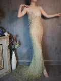 Ndyad Spaghetti Straps Sheath Beaded Chiffon Long Prom Dresses Elegant Formal Evening Gowns with 3D Appliques HZ1024