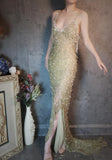 Ndyad Spaghetti Straps Sheath Beaded Chiffon Long Prom Dresses Elegant Formal Evening Gowns with 3D Appliques HZ1024