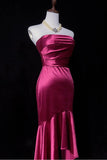 Ndyad Fuchsia Strapless Mermaid Satin Long Prom Dresses Formal Evening Gowns HZ1024