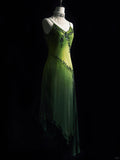 Ndyad Green Spaghetti Straps Sheath Beaded Chiffon Long Prom Dresses with Slits HZ1024