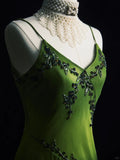 Ndyad Green Spaghetti Straps Sheath Beaded Chiffon Long Prom Dresses with Slits HZ1024