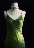 Ndyad Green Spaghetti Straps Sheath Beaded Chiffon Long Prom Dresses with Slits HZ1024