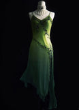 Ndyad Green Spaghetti Straps Sheath Beaded Chiffon Long Prom Dresses with Slits HZ1024