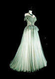 Ndyad Green Off Shoulder A-Line Tulle Long Prom Dresses Formal Evening Gowns HZ1024