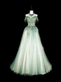 Ndyad Green Off Shoulder A-Line Tulle Long Prom Dresses Formal Evening Gowns HZ1024