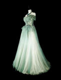 Ndyad Green Off Shoulder A-Line Tulle Long Prom Dresses Formal Evening Gowns HZ1024