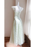 Ndyad Light Green Spaghetti Straps A-Line Tulle Long Prom Dresses Formal Evening Gowns HZ1024