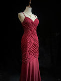 Ndyad Red Spaghetti Straps Mermaid Chiffon Long Prom Dresses Formal Evening Gowns HZ1024