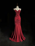 Ndyad Red Spaghetti Straps Mermaid Chiffon Long Prom Dresses Formal Evening Gowns HZ1024