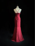 Ndyad Red Spaghetti Straps Mermaid Chiffon Long Prom Dresses Formal Evening Gowns HZ1024