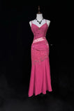 Ndyad Pink Spaghetti Straps Sheath Beaded Chiffon Prom Dresses Formal Evening Gowns HZ1024