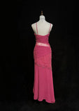 Ndyad Pink Spaghetti Straps Sheath Beaded Chiffon Prom Dresses Formal Evening Gowns HZ1024
