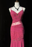 Ndyad Pink Spaghetti Straps Sheath Beaded Chiffon Prom Dresses Formal Evening Gowns HZ1024