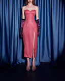 Ndyad Strapless Hot Pink Sheath Satin Prom Dresses Formal Evening Gowns HZ1024