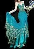Ndyad Blue Mermaid Spaghetti Straps Chiffon Appliques Long Prom Dresses Formal Evening Gowns HZ1024