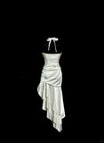 Ndyad White Halter Sheath Satin Prom Dresses Formal Evening Gowns HZ1024