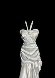 Ndyad White Halter Sheath Satin Prom Dresses Formal Evening Gowns HZ1024