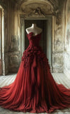 Ndyad Strapless Red A-Line Tulle Appliques Long Prom Dresses Formal Evening Gowns HZ1024