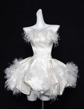Ndyad White Strapless A-Line Satin Short Prom Dresses Homecoming Dress HZ1024