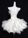 Ndyad White Strapless A-Line Satin Short Prom Dresses Homecoming Dress HZ1024