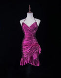 Ndyad Fuchsia Spaghetti Straps Bodycon Satin Short Prom Dresses Vintage Homecoming Dress HZ1024