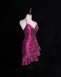 Ndyad Fuchsia Spaghetti Straps Bodycon Satin Short Prom Dresses Vintage Homecoming Dress HZ1024