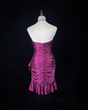 Ndyad Fuchsia Spaghetti Straps Bodycon Satin Short Prom Dresses Vintage Homecoming Dress HZ1024