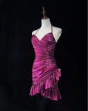 Ndyad Fuchsia Spaghetti Straps Bodycon Satin Short Prom Dresses Vintage Homecoming Dress HZ1024