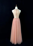 Ndyad Blush Pink Round Neck A-Line Tulle Beaded Long Prom Dresses Birthday Evening Gowns HZ1024