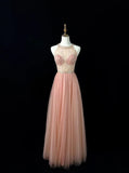 Ndyad Blush Pink Round Neck A-Line Tulle Beaded Long Prom Dresses Birthday Evening Gowns HZ1024