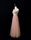 Ndyad Blush Pink Round Neck A-Line Tulle Beaded Long Prom Dresses Birthday Evening Gowns HZ1024