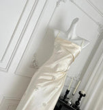 Ndyad Light Champagne Spaghetti Straps Satin Sheath Prom Dresses Formal Evening Gowns HZ1024