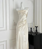 Ndyad Light Champagne Spaghetti Straps Satin Sheath Prom Dresses Formal Evening Gowns HZ1024